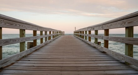 Obraz premium Wooden pier extending into calm ocean under pastel sky