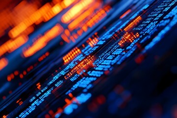 Futuristic digital data streams glowing in control room