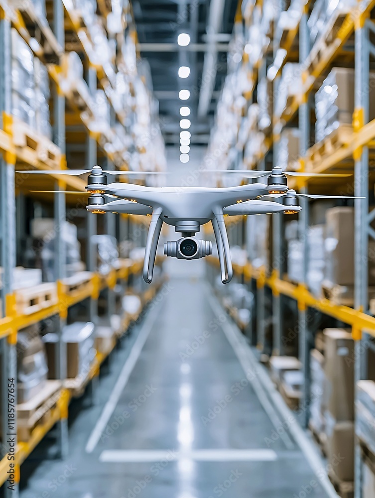 Poster high-tech transportation automation with self-driving trucks and drones efficiently distributing goo