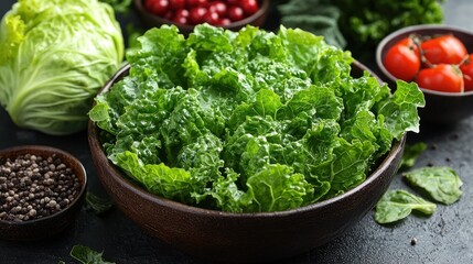 Fresh Green Lettuce in a Rustic Bowl with Assorted Vegetables