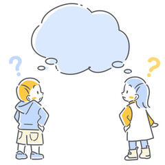 不思議がる女の子と男の子　シンプルでカワイイ線画イラスト