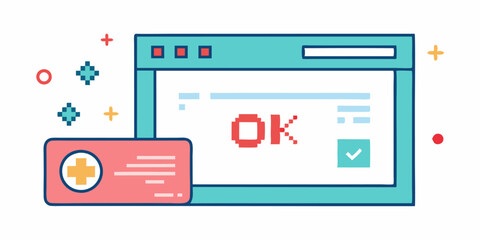 Retro style pop-up window with pixel art icons on white background for digital design