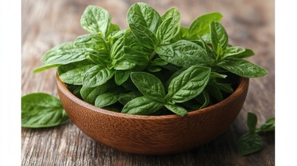 Fresh Green Mint Leaves in Rustic Wooden Bowl