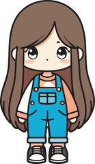Young girl with long hair, wearing overalls and sneakers,
