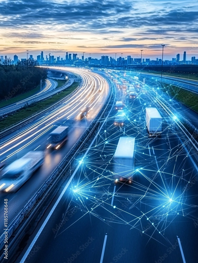 Poster transportation coordination hub, where ai-driven algorithms manage cargo flow and vehicle deployment