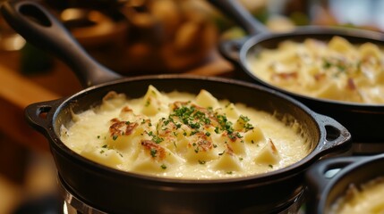 Delicious traditional Swiss melted raclette cheese on diced boiled or baked vegetables served in individual skillets