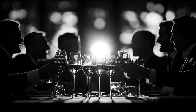 Six people toasting at a table in dark scene with lights blurred behind