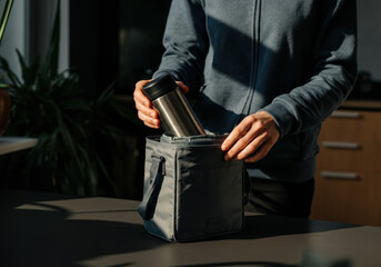 Person Packing Stainless Steel Water Bottle in Lunch Bag