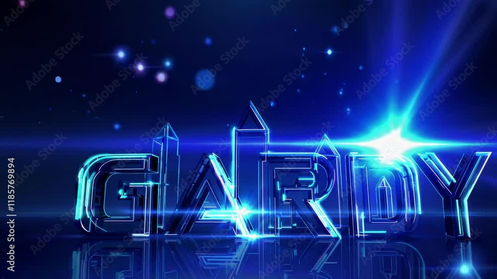Poster bold 3d text design in glowing blue with futuristic reflections and light flares, creating a sleek a