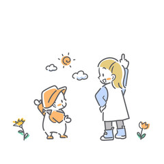 明るい未来を指差す赤ちゃんと女の子　シンプルでカワイイ線画イラスト