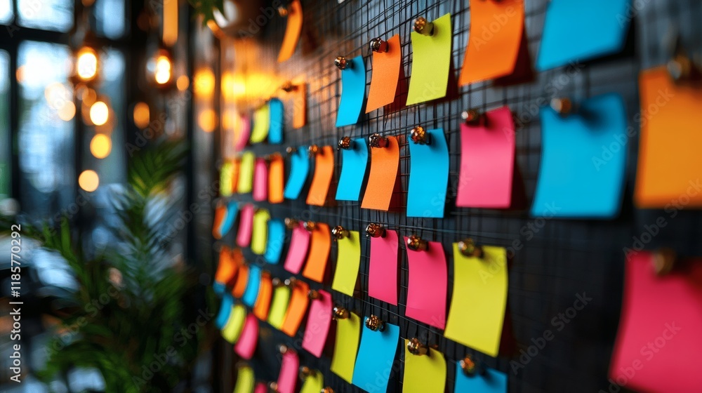 Poster Visualization of goal-setting priorities with colorful sticky notes on a board Stock Photo with side copy space.