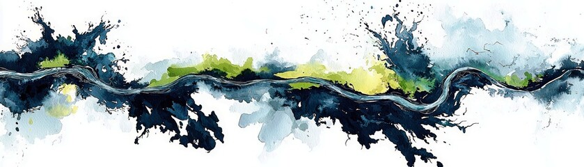 Obraz premium Abstract watercolor landscape featuring flowing river with dynamic splashes of blue and green hues for artistic and nature-themed designs