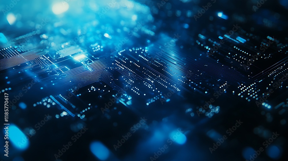 Aufkleber close-up view of an abstract digital circuit board with glowing blue lines components.