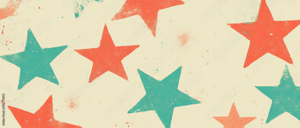 Poster playful design featuring repeating star shapes in vibrant colors and whimsical patterns