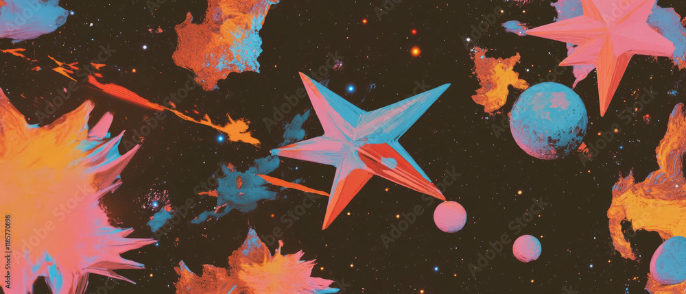 Poster colorful repeating star shapes create a whimsical cosmic pattern in vibrant hues