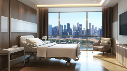 Cozy modern hospital room interior bed in row,VIP hospital room side view panoramic window on skyscrapers,design of relax and medical care space,copy space.