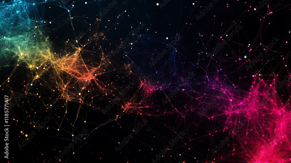 Poster vibrant cosmic network a mesmerizing digital art showcasing interconnected nodes and lines in a rain