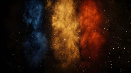 Obraz premium Abstract Blue Gold Red Powder Explosion on Black Background