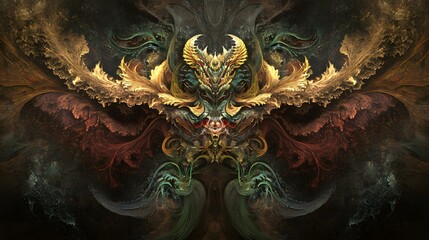 Obraz premium Abstract Dragon Fantasy Art Golden Dark Mystical Creature