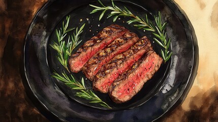 Watercolor of Delicious Grilled Beef Steak Detailed Hand Drawn, illustration,Freshly medium rare grilled beef steak, fried meat, closeup, isolated on white background.