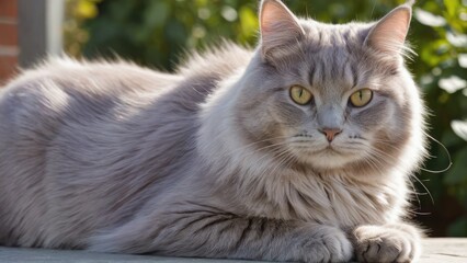 Fototapeta premium Lilac british longhair cat lying outside in the garden