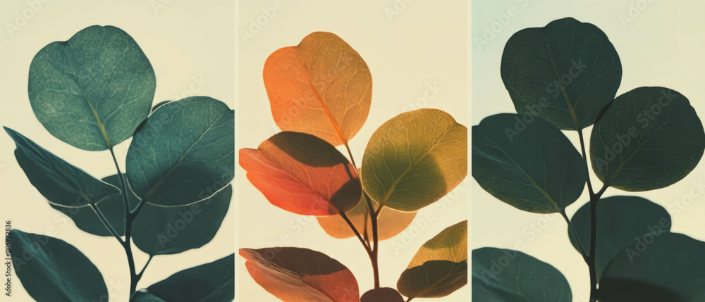 Poster soft silhouettes of leaves in a serene pastel color palette create a calming atmosphere