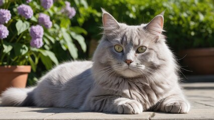 Lilac british longhair cat lying outside in the garden