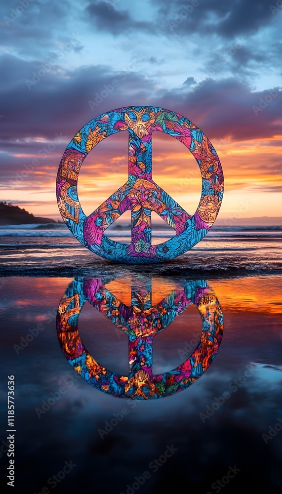 Canvas Prints A colorful peace sign with intricate designs, reflecting on the beach at sunset