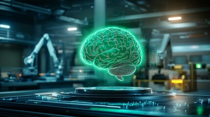 Glowing AI Brain Hologram in a Futuristic Laboratory Setting
