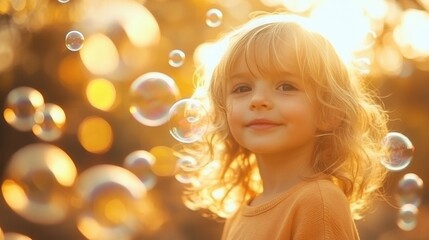 Child with bubbles in warm sunlight.