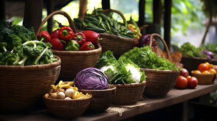 Vibrant and Bountiful Market Stall Overflowing with a Diverse Array of Fresh Seasonal Vegetables Displayed in Woven Baskets for a Tempting Grocery Shopping Experience