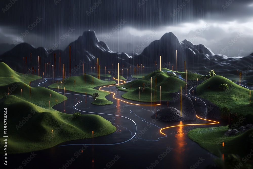 Poster mesmerizing data driven landscape depicting the intricate flow of rainfall patterns across a sprawli