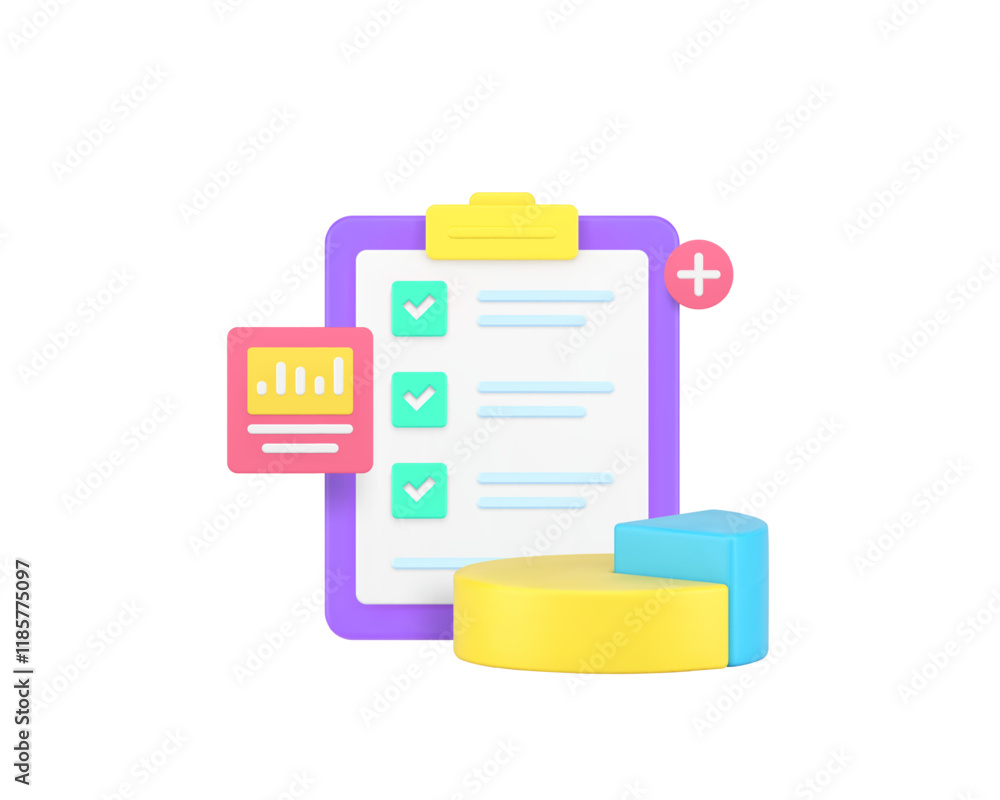 Poster business planning time management checklist analyzing 3d icon realistic vector illustration. work pr