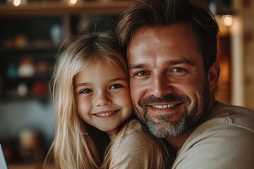 Happy daughter embracing her father who is working on laptop at home. Generative AI