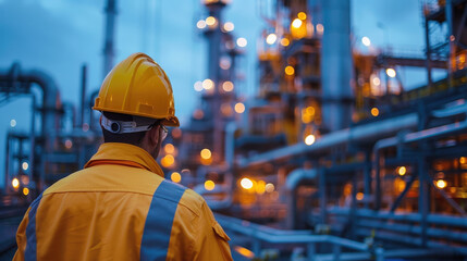 Engineers in Safety Gear Overseeing a Power Plant at Dusk, Illuminated by Industrial Lights