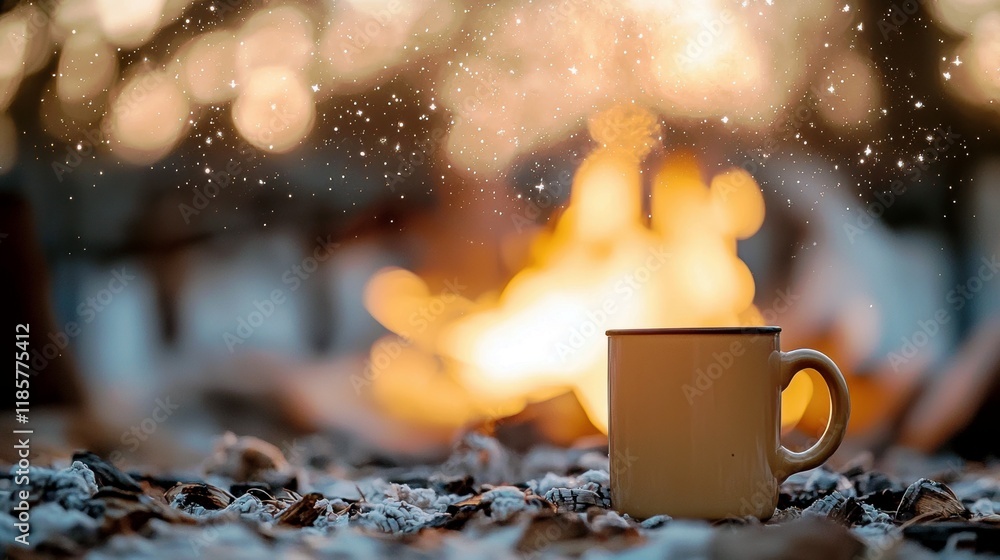 Poster cozy mug of coffee in front of a glowing bonfire with sparkling lights creating a warm and inviting 
