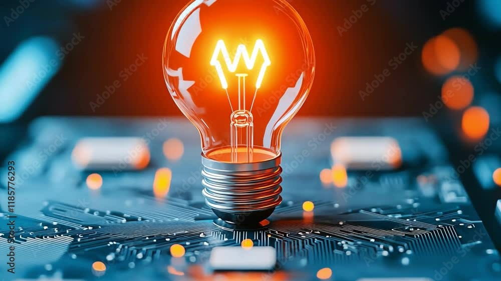 Poster illuminated light bulb on circuit board, symbolizing innovation and smart technology.