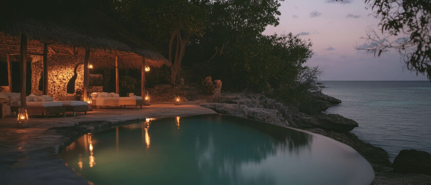 Romantic tropical getaway at a secluded beach during sunset for a honeymoon retreat