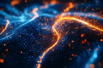 Fototapeten Digital wave, glowing particles, dark background, abstract tech design © Abdi