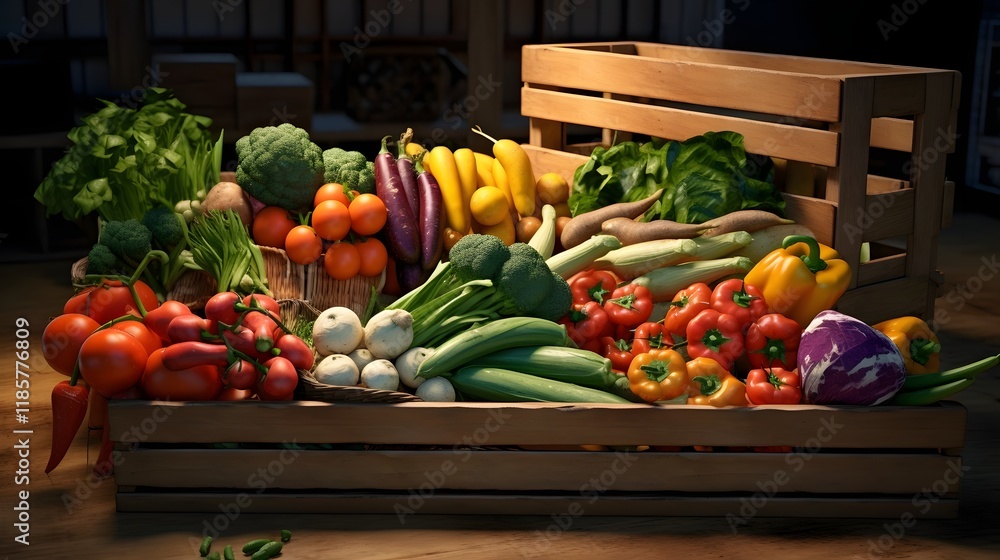 Poster a modern kitchen scene showcasing a wooden crate filled with an array of fresh neatly arranged veget