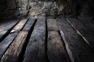 Dark rustic wooden floor cellar stone wall background