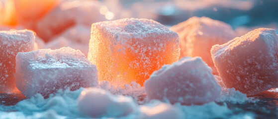 Soft and chewy Turkish delight dusted with powdered sugar on a vibrant background