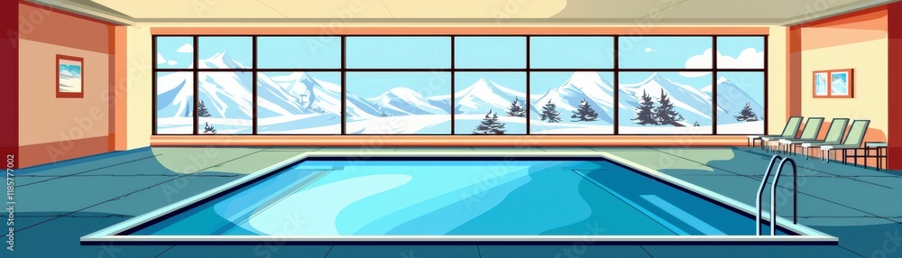 Poster serene indoor swimming pool surrounded by snow-capped mountains with large windows and modern archit