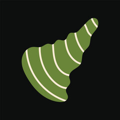 Striking lime green cone-shaped seashell featuring white stripes flat vector illustration