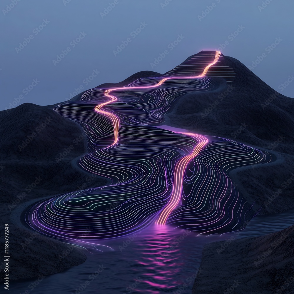 Poster mesmerizing fluid terrain topography dynamic weather data visualization with luminescent flows showc