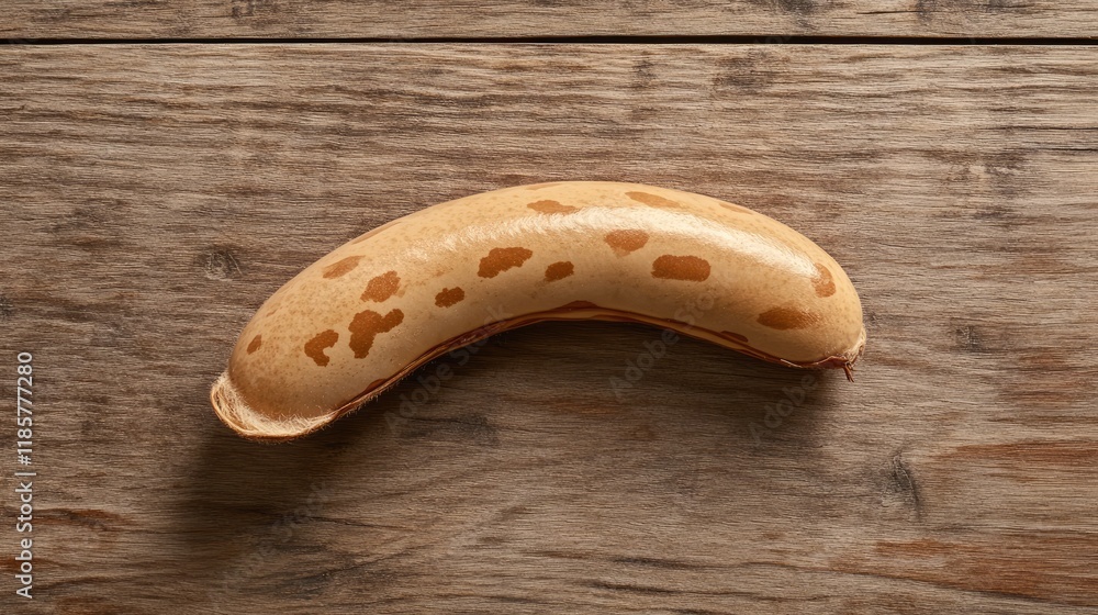 Poster close-up of a uniquely patterned banana on a rustic wooden surface. a study in organic textures and 