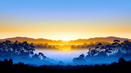 Serene Sunrise Over Misty Hills and Forested Landscape with Colorful Sky and Soft Clouds in the Background