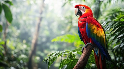 Obraz premium A vibrant parrot perched on a branch amidst lush greenery in a misty forest.
