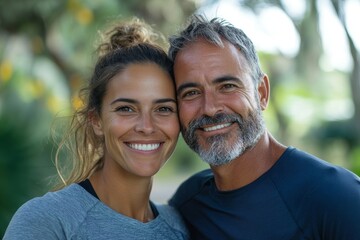 Obraz premium Portrait of happy athletic couple in park. Generative AI