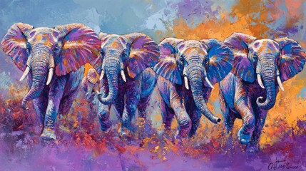 A vibrant painting of four colorful elephants running together in a dynamic, abstract landscape.